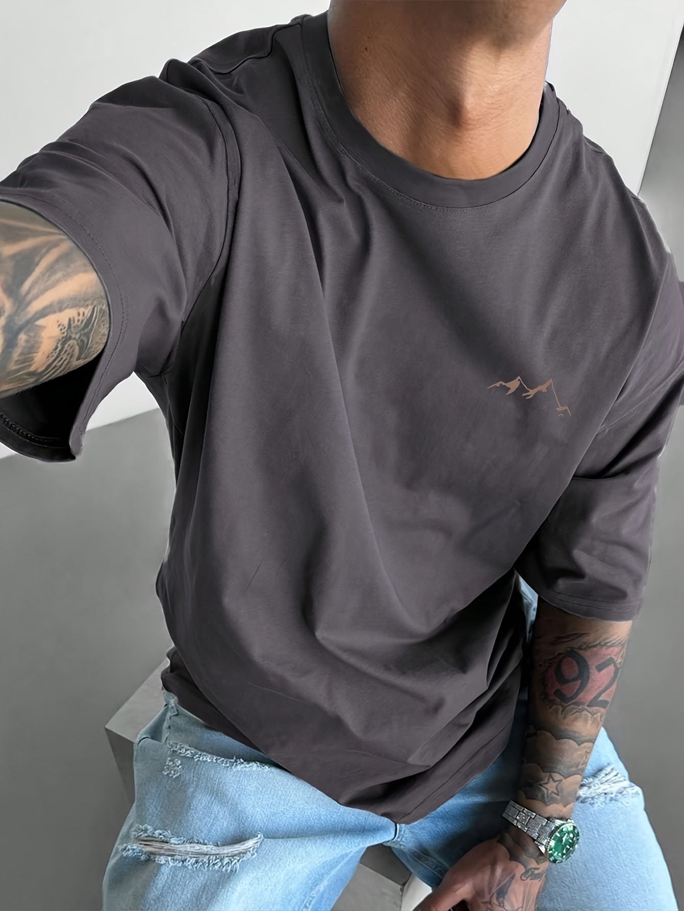 Men's Premium Double-Brushed T-Shirt - Casual Crew Neck, Short Sleeve, 100% Polyester with Mountain Embroidery - Machine Washable, Ideal for Summer