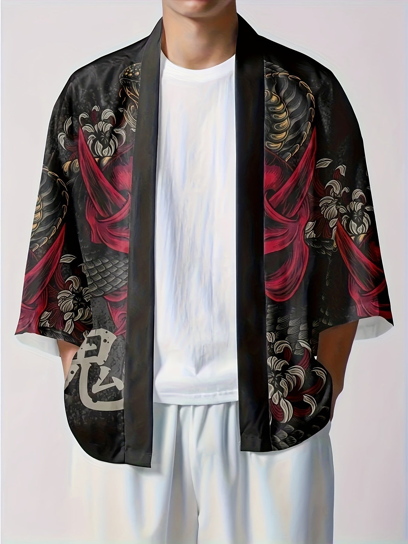 Men's Japanese Style Ghost And Snake Illustration Pattern Three-quarter Sleeve Open Placket Kimono Shirt, Summer Fashion Tops For Street Wear