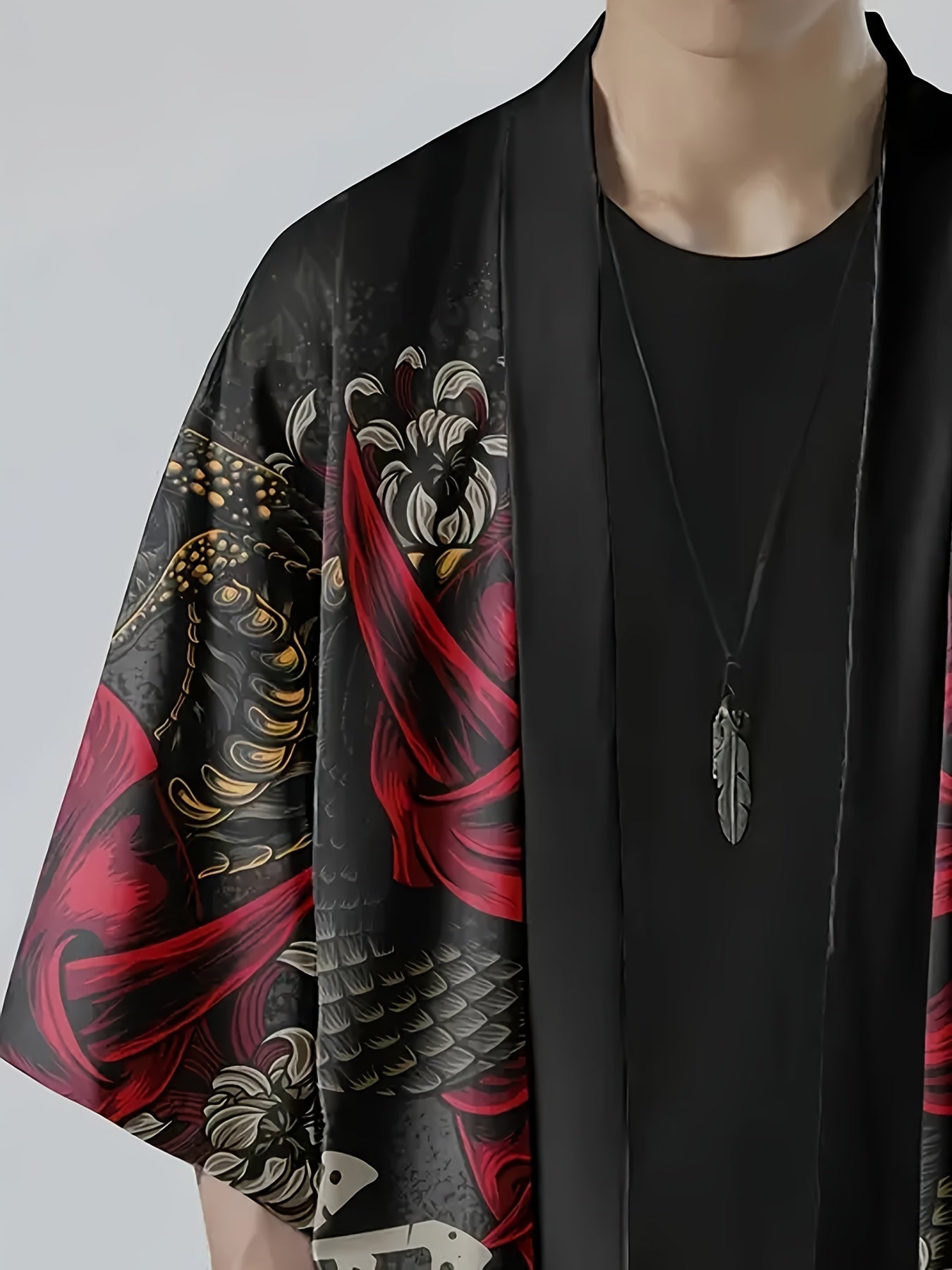 Men's Japanese Style Ghost And Snake Illustration Pattern Three-quarter Sleeve Open Placket Kimono Shirt, Summer Fashion Tops For Street Wear