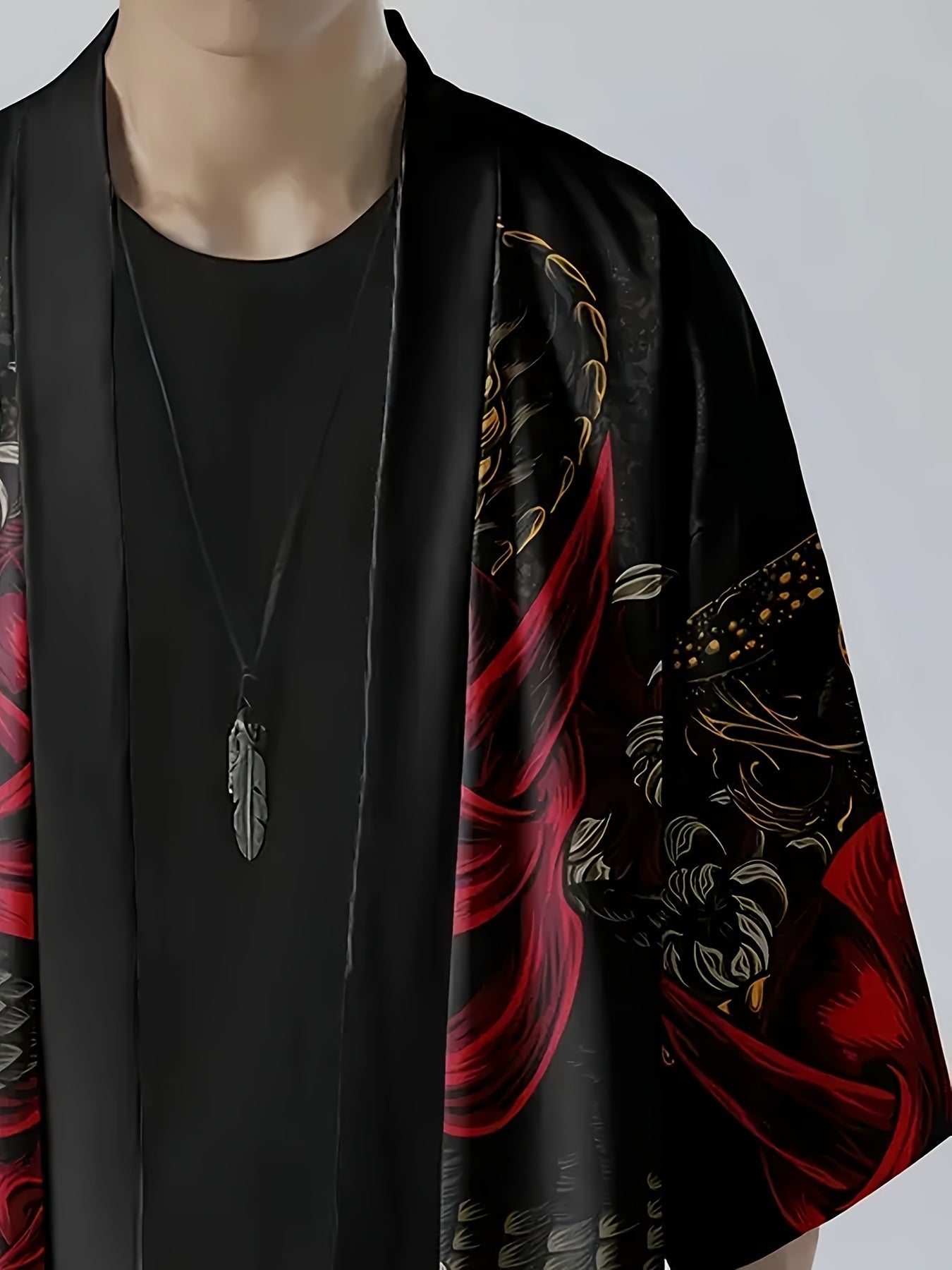 Men's Japanese Style Ghost And Snake Illustration Pattern Three-quarter Sleeve Open Placket Kimono Shirt, Summer Fashion Tops For Street Wear