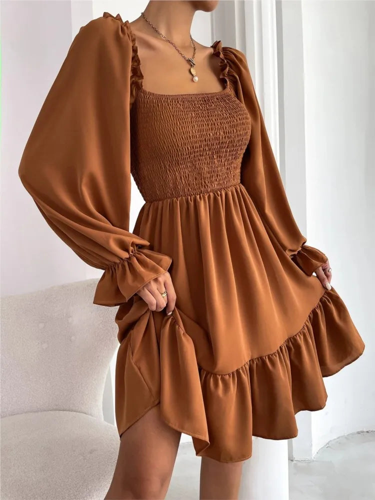 Women's Dress Simple Square Neck Solid Color Long Sleeve Dress Parallel Crepe Seam Body Bell Sleeves Ruffle Hem Dress Women