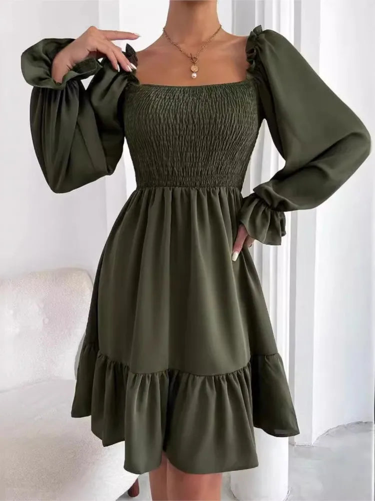 Women's Dress Simple Square Neck Solid Color Long Sleeve Dress Parallel Crepe Seam Body Bell Sleeves Ruffle Hem Dress Women