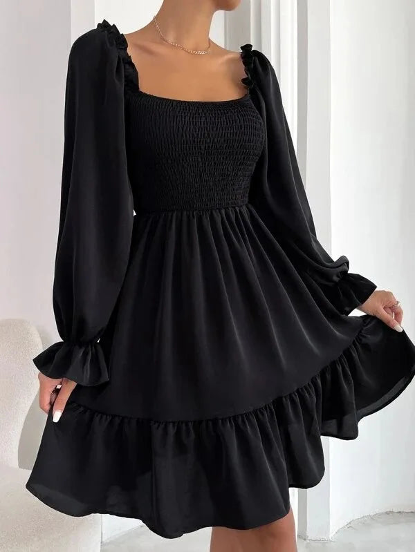 Women's Dress Simple Square Neck Solid Color Long Sleeve Dress Parallel Crepe Seam Body Bell Sleeves Ruffle Hem Dress Women