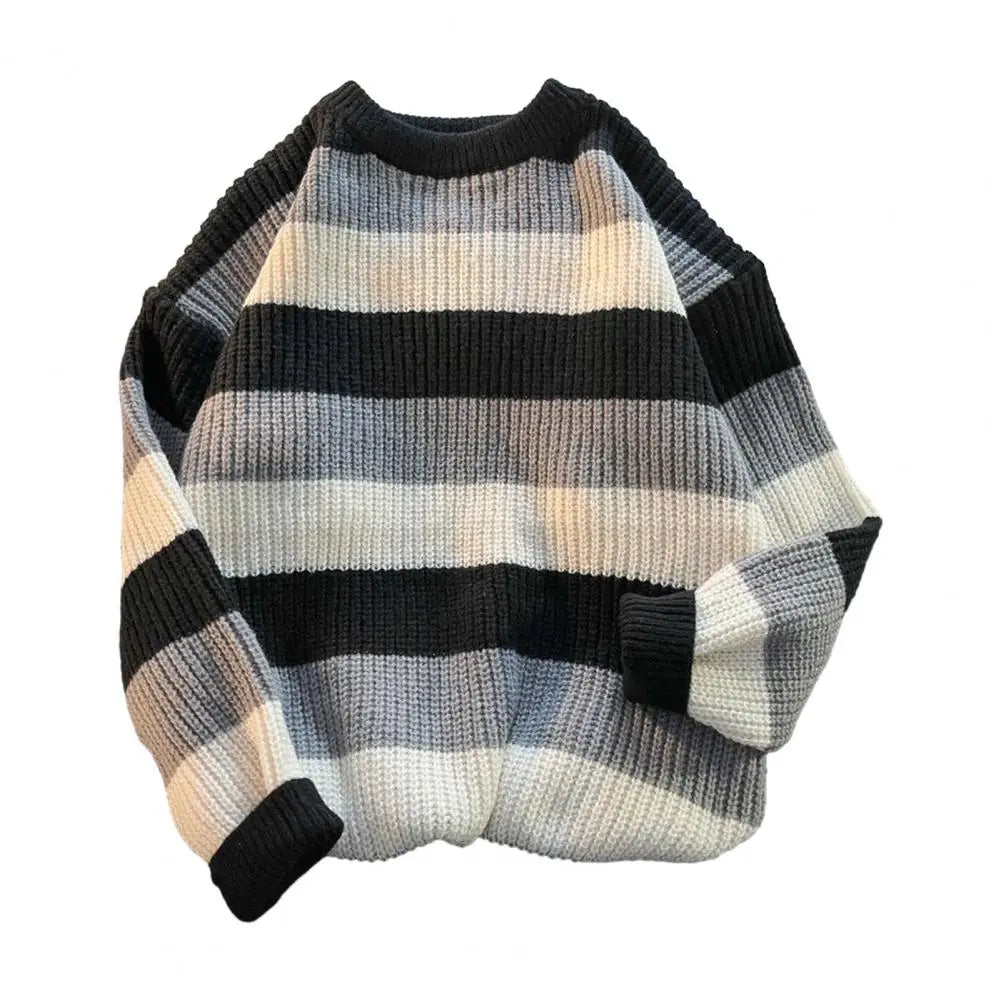 Comfortable Men Sweater Men's Striped Colorblock Knitted Sweater Thick Warm O Neck Pullover for Fall Winter Soft Long Sleeve