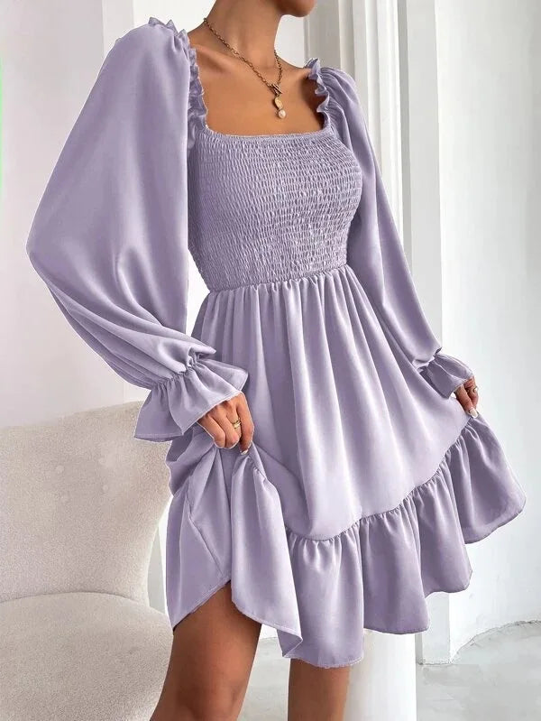 Women's Dress Simple Square Neck Solid Color Long Sleeve Dress Parallel Crepe Seam Body Bell Sleeves Ruffle Hem Dress Women