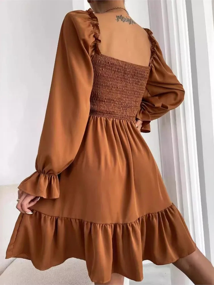 Women's Dress Simple Square Neck Solid Color Long Sleeve Dress Parallel Crepe Seam Body Bell Sleeves Ruffle Hem Dress Women