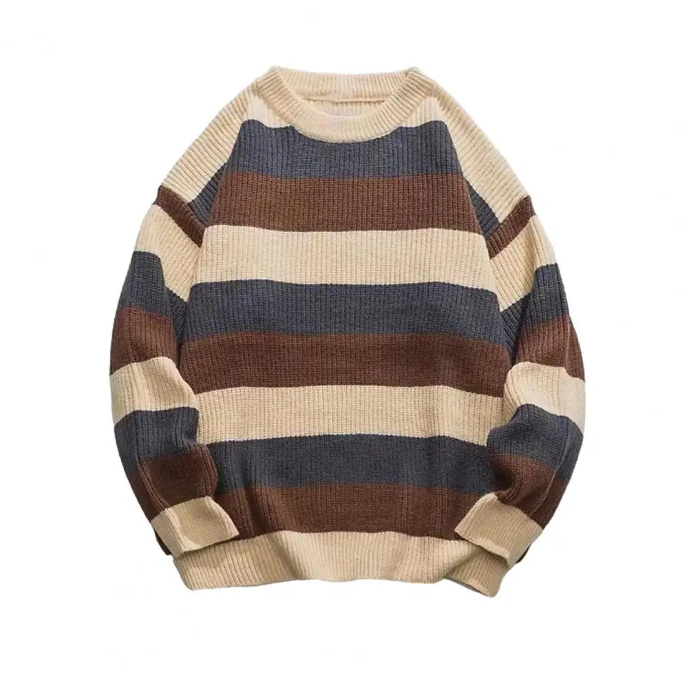 Comfortable Men Sweater Men's Striped Colorblock Knitted Sweater Thick Warm O Neck Pullover for Fall Winter Soft Long Sleeve