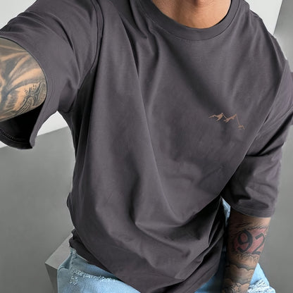 Men's Premium Double-Brushed T-Shirt - Casual Crew Neck, Short Sleeve, 100% Polyester with Mountain Embroidery - Machine Washable, Ideal for Summer