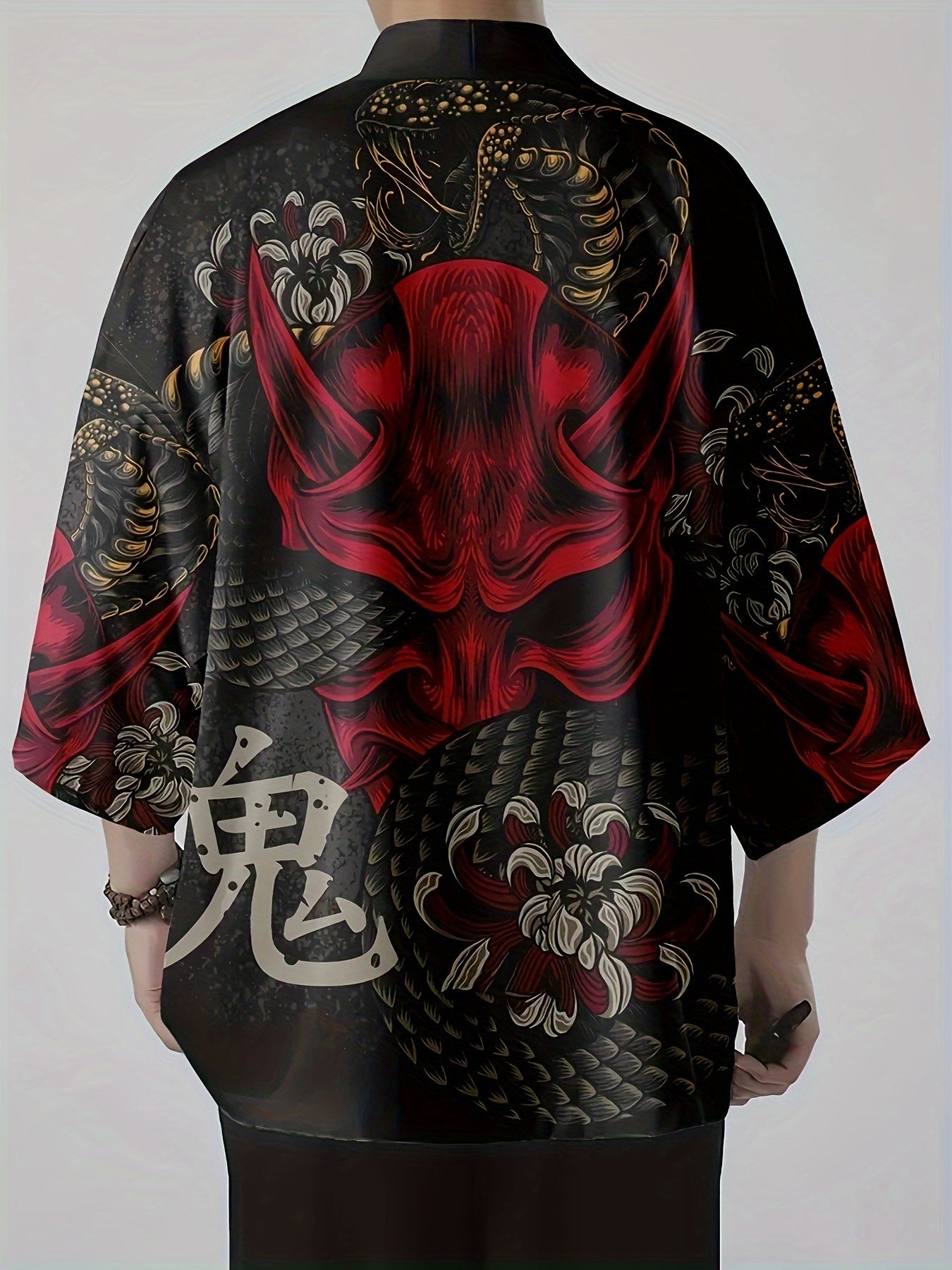 Men's Japanese Style Ghost And Snake Illustration Pattern Three-quarter Sleeve Open Placket Kimono Shirt, Summer Fashion Tops For Street Wear