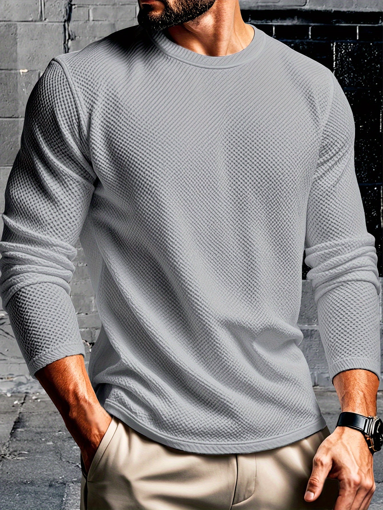 Men's Casual Solid Color Sweatshirt - Long Sleeve, Crew Neck Pullover for Fall & Winter | High-Quality Polyester Blend, Machine Washable